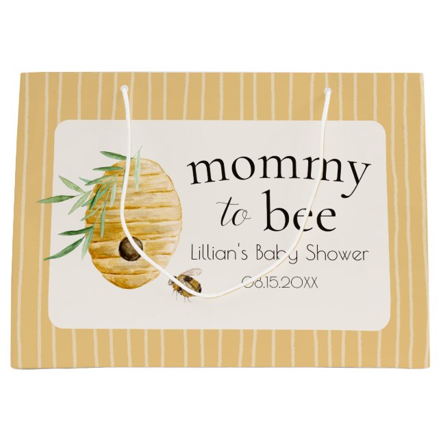 Mommy To Bee Bumblebee Yellow Stripe Baby Shower  Large Gift Bag (Front)