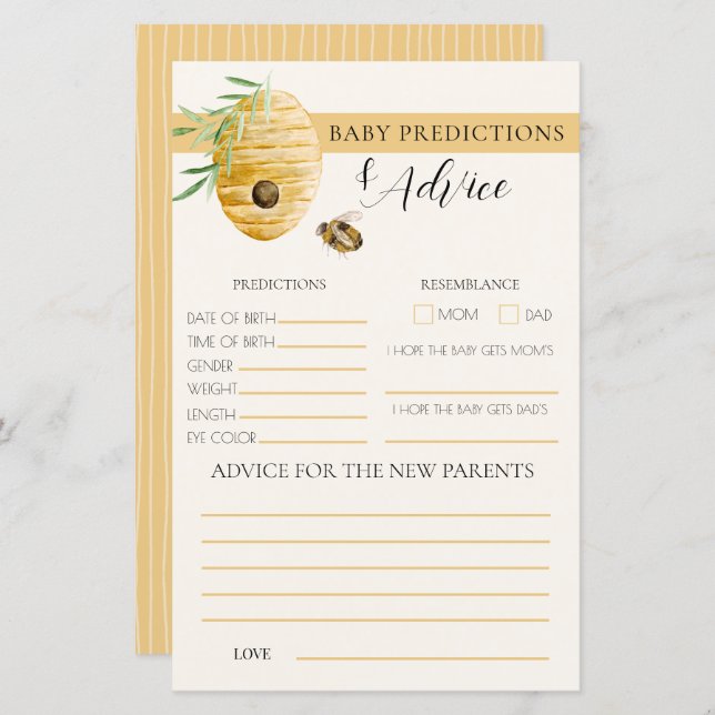 Mommy To Bee Yellow Baby Shower Prediction Game (Front/Back)