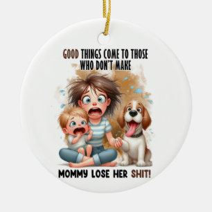 MOMMY WITH BABY AND FUNNY DOG CERAMIC TREE DECORATION