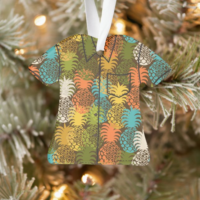 Momona Hawaiian Tropical Pineapple AlohaShirt-Gold Ornament (Tree)