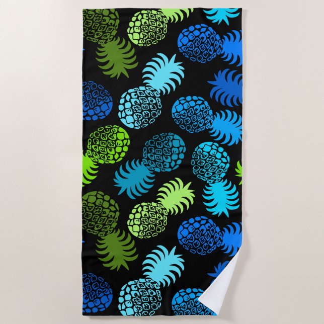 Momona Hawaiian Tropical Pineapple - Turq- Black Beach Towel (Front)