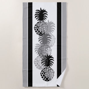 Momona Pineapple Hawaiian Striped Tropical -Black Beach Towel