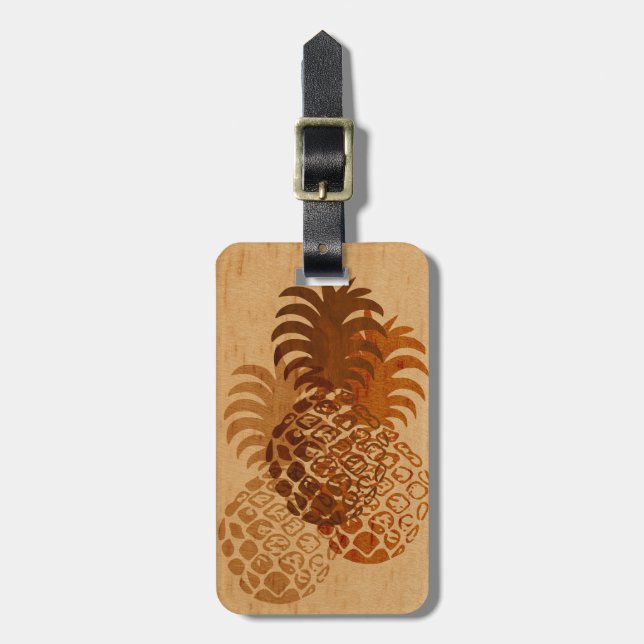 Momona Pineapple Hawaiian Tropical Faux Wood Luggage Tag (Front Vertical)