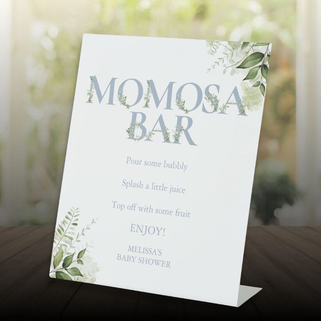 Momosa Bar Greenery Dusty Blue Baby Shower Pedestal Sign (Momosa Bar Greenery Dusty Blue Baby Shower Pedestal Sign)