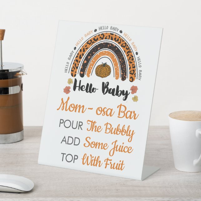 Momosa Bar Hello Baby Girl Pumpkin Baby Shower Pedestal Sign (In SItu)