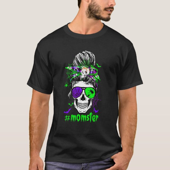 Momster Costume Skull Mum Messy Hair Bun Monster H T-Shirt (Front)