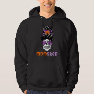 Momster Halloween Costume Skull Mom Messy Hair Bun Hoodie