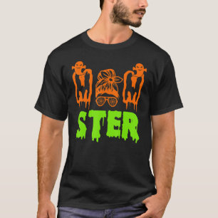Momster Halloween Costume Skull Mum Messy Hair Bun T-Shirt