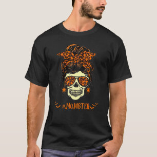 Momster Halloween Costume Skull Mum Messy Hair Bun T-Shirt