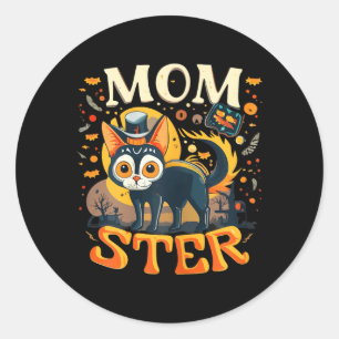 Momster Women Funny Halloween Black Cat Tee Casual Classic Round Sticker