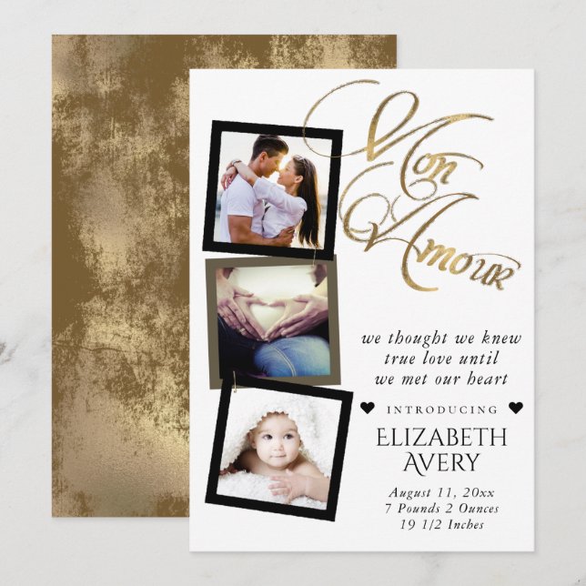 Mon Amour | Gold Grunge Foil Baby Birth 3 Photo Announcement (Front/Back)