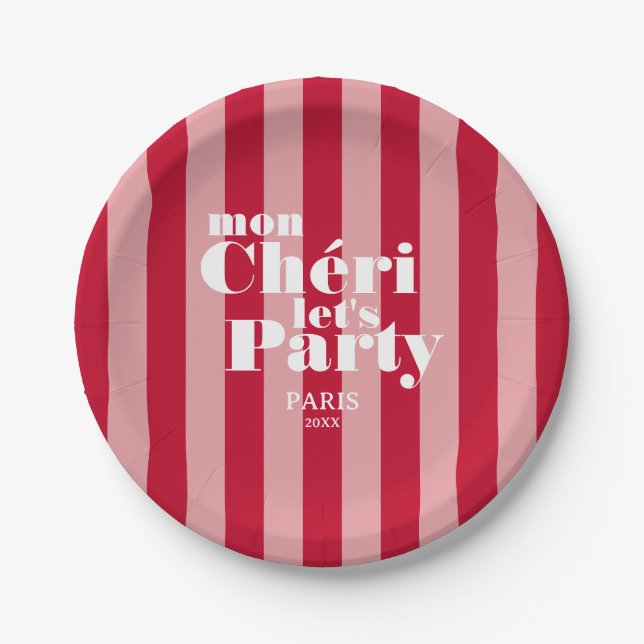 Mon Cherie Let's Party Cherry Red Bold Stripe  Paper Plate (Front)
