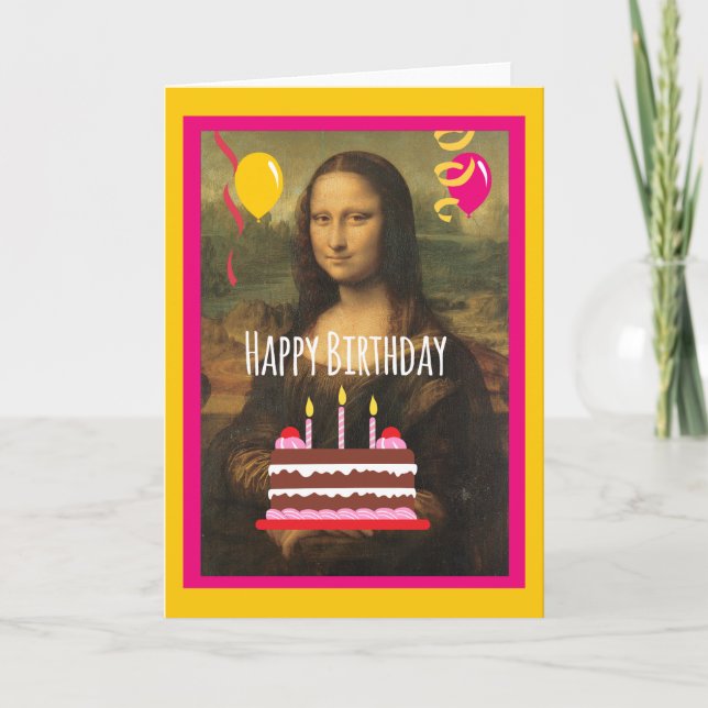 Mona Lisa Birthday With Cake and Balloons Card (Front)