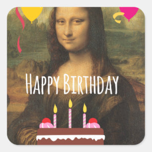 Mona Lisa Birthday With Cake and Balloons Square Sticker