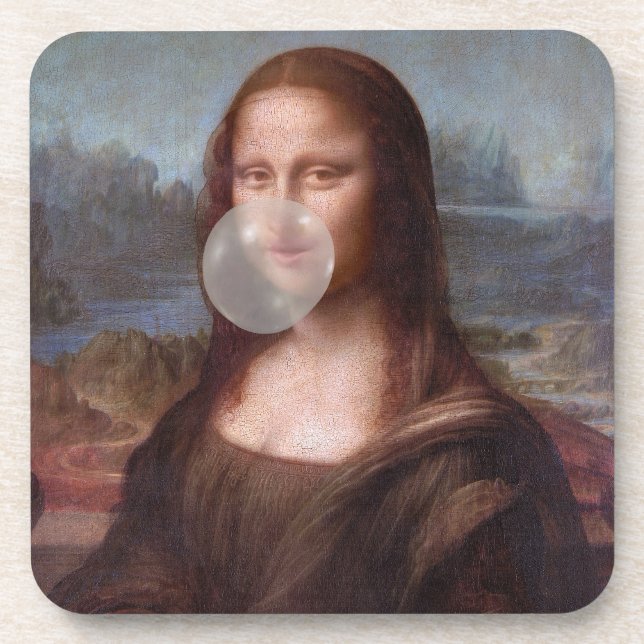 Mona Lisa blowing gray bubble gum Coaster (Front)