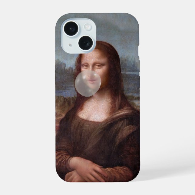 Mona Lisa blowing gray bubble gum iPhone 15 Case (Back)
