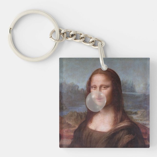 Mona Lisa blowing gray bubble gum Key Ring (Front)
