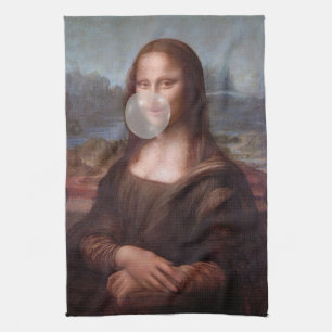 Mona Lisa blowing grey bubble gum Tea Towel