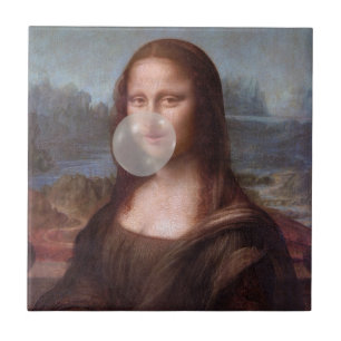 Mona Lisa blowing grey bubble gum Tile