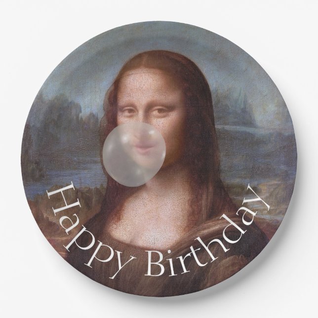 Mona Lisa blowing gum Happy birthday Paper Plate (Front)