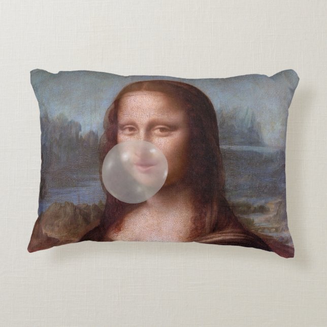 Mona Lisa blowing large bubble gum  Decorative Cushion (Back)