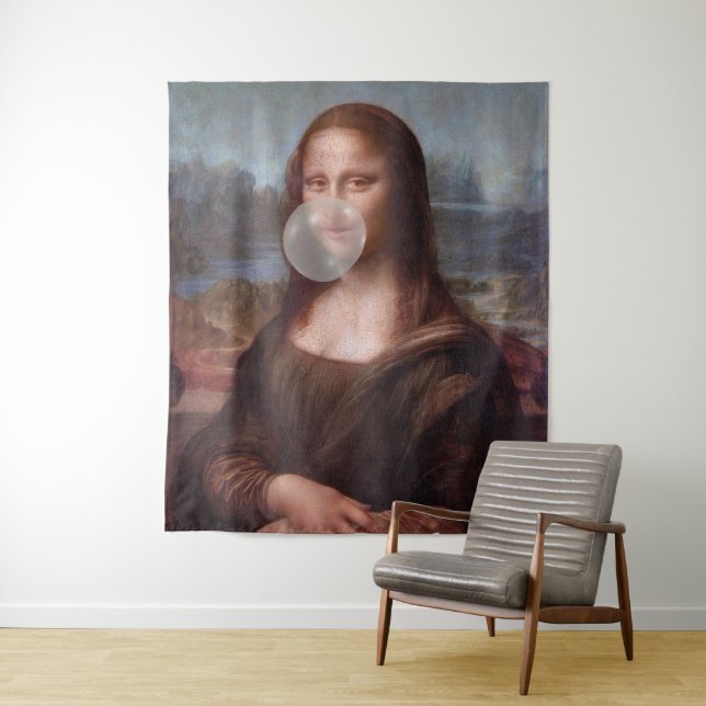 Mona Lisa blowing large bubble gum  Tapestry (In Situ)