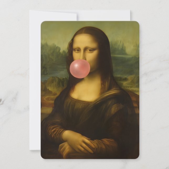 Mona Lisa Blowing Pink Bubble Gum Holiday Card (Front)