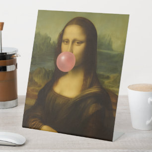 Mona Lisa Blowing Pink Bubble Gum Pedestal Sign