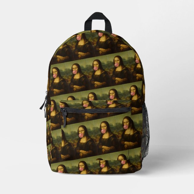 Mona Lisa Blowing Pink Bubble Gum Printed Backpack (Front)