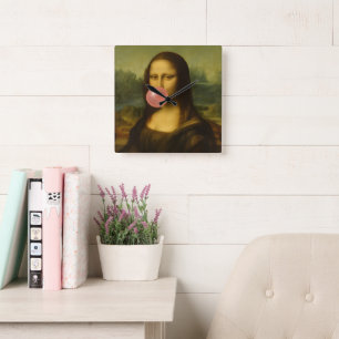 Mona Lisa Blowing Pink Bubble Gum Square Wall Clock