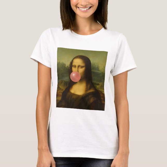 Mona Lisa Blowing Pink Bubble Gum T-Shirt (Front)