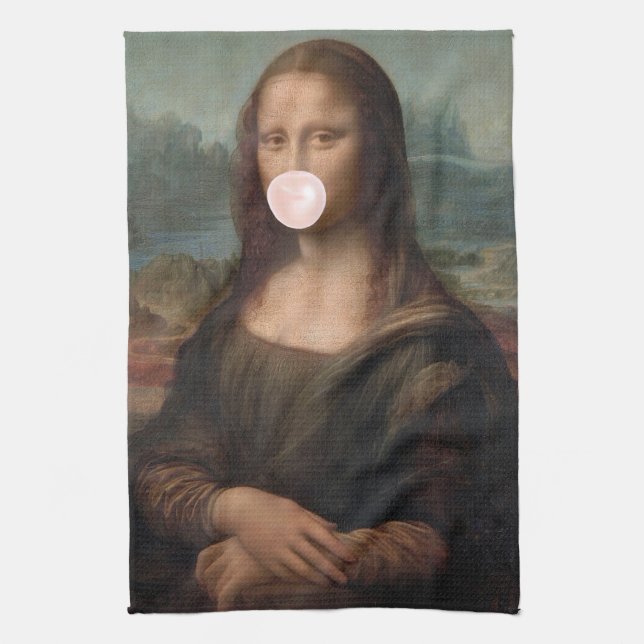 Mona Lisa Blowing Pink Bubble gum    Tea Towel (Vertical)