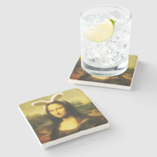 Mona Lisa Bunny Ears Easter Stone Coaster