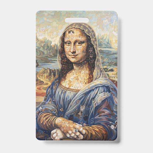 Mona Lisa collage art made with cat faces ID Badge (Front)