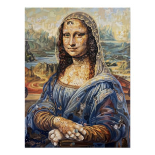 Mona Lisa collage art made with cat faces Poster