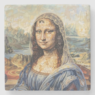Mona Lisa collage art made with cat faces Stone Coaster
