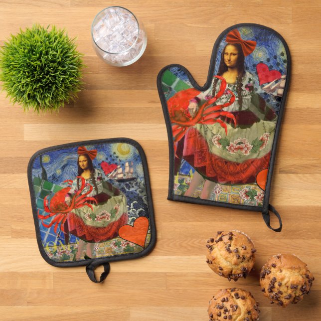 Mona Lisa Fun Zodiac Whimsical  Oven Mitt & Pot Holder Set (Top Down)