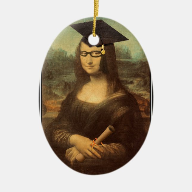 Mona Lisa Graduation Grad Cap Ceramic Tree Decoration (Front)