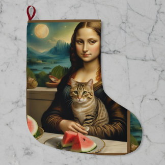 Mona Lisa &her cat  -  Summer vibes \ Large Christmas Stocking