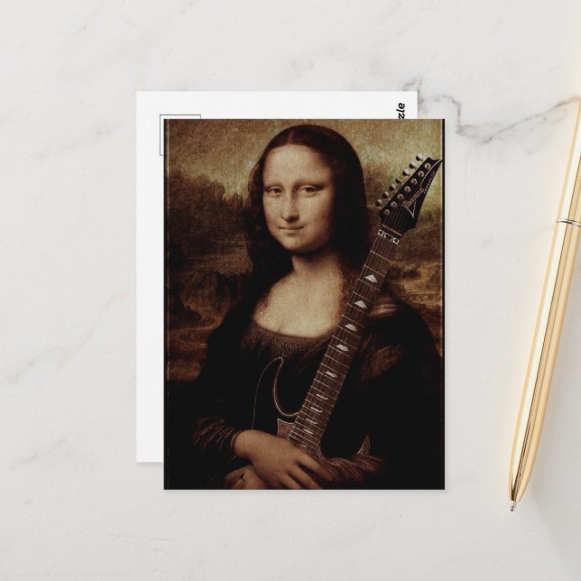 Mona Lisa holding a guitar (Guitarist) Guitar love Postcard (Front/Back In Situ)