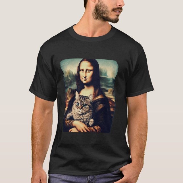 mona lisa holding cat kitty for cats lover cat dad T-Shirt (Front)