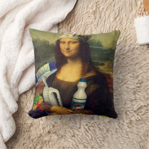Mona Lisa holding cleaning tools Leonardo DaVinci  Cushion