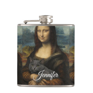 Mona Lisa Holding Elegant Gray Cat                 Hip Flask