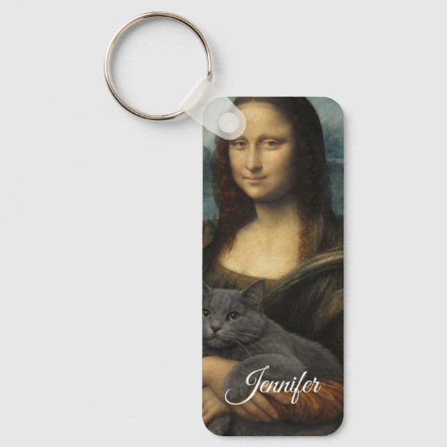 Mona Lisa Holding Elegant Gray Cat                 Key Ring (Front)