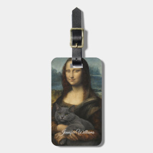 Mona Lisa Holding Elegant Gray Cat Luggage Tag