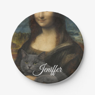 Mona Lisa Holding Elegant Gray Cat Paper Plate