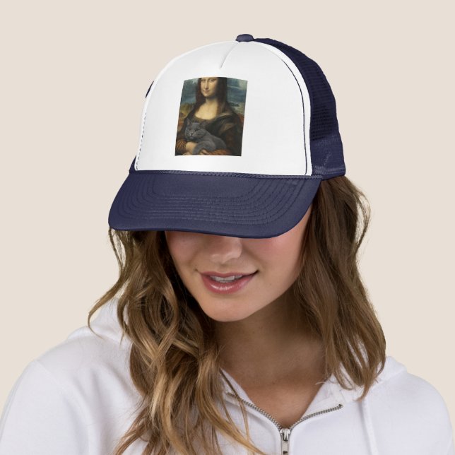 Mona Lisa Holding Elegant Gray Cat                 Trucker Hat (In Situ)
