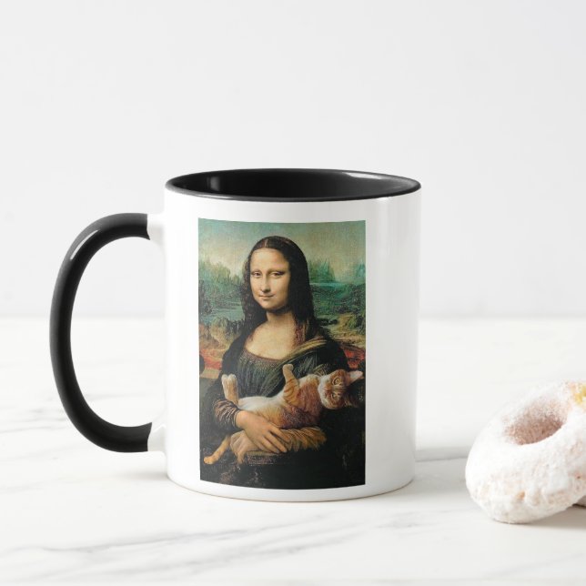 Mona Lisa holding her cat Cat lovers  Mug (With Donut)