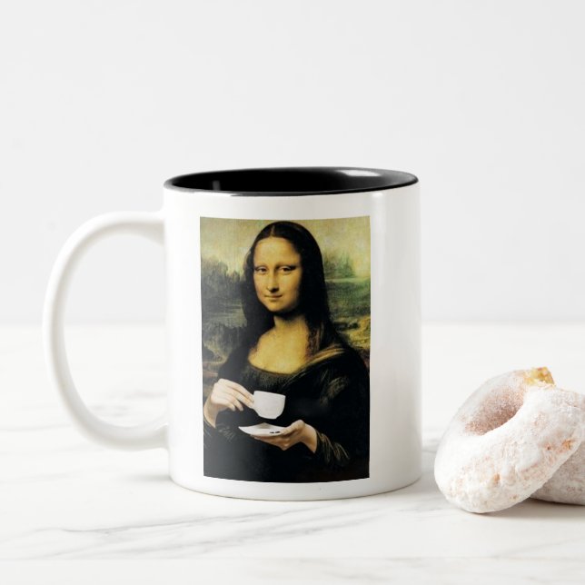 Mona Lisa holding hot tea Leonardo da Vinci Two-Tone Coffee Mug (With Donut)
