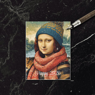 Mona Lisa  in beanie  - Happy 2026 Holiday Postcard
